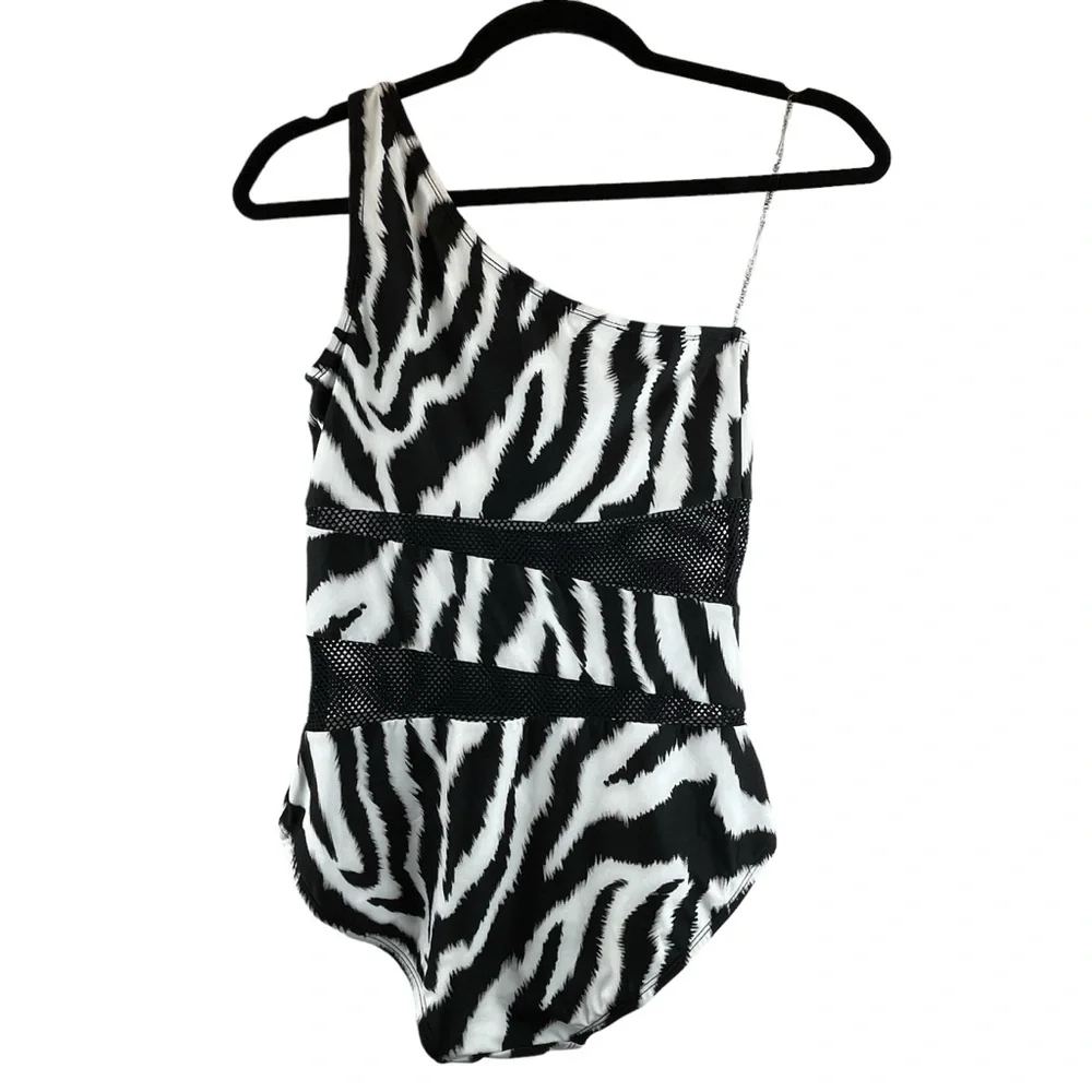NWOT Carmen Marc Valvo One Shoulder Zebra Print Sheer Mesh One Piece Swimsuit 6